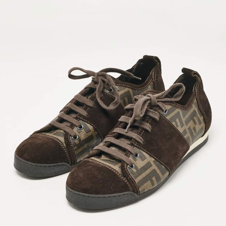 Pre Owned Fendi Brown Canvas and Suede FF Print Lace Up Sneakers Size 42