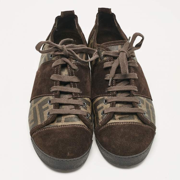 Pre Owned Fendi Brown Canvas and Suede FF Print Lace Up Sneakers Size 42