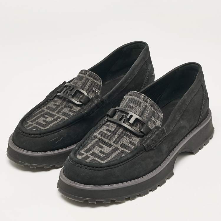 Pre Owned Fendi Black FF Canvas and Jacquard O'Lock Loafers Size 43