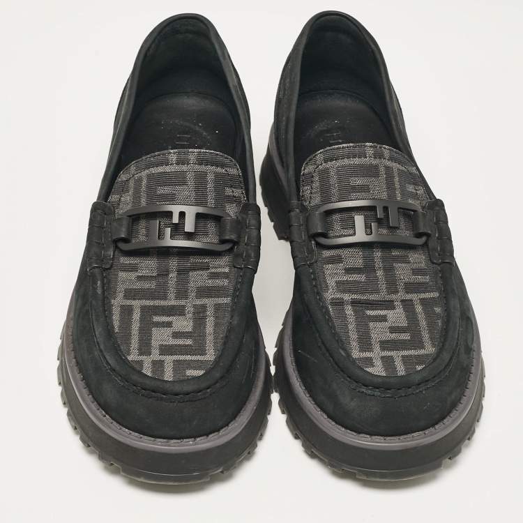 Pre Owned Fendi Black FF Canvas and Jacquard O'Lock Loafers Size 43