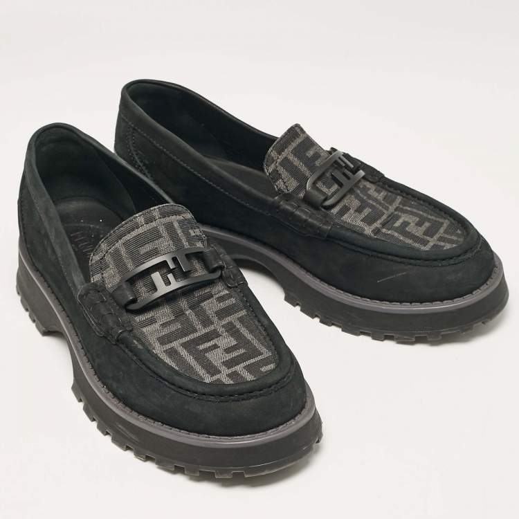 Pre Owned Fendi Black FF Canvas and Jacquard O'Lock Loafers Size 43