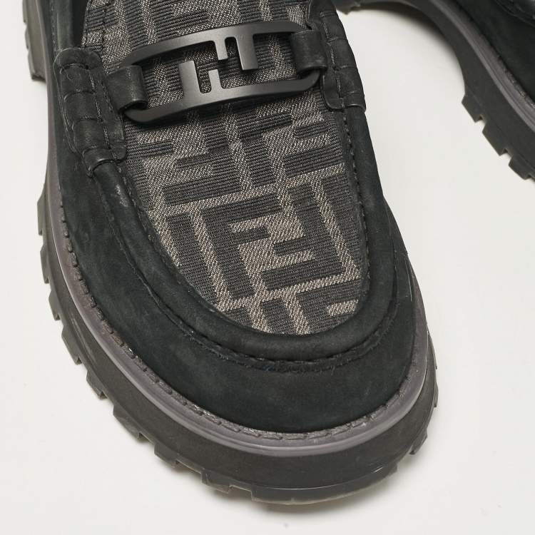 Pre Owned Fendi Black FF Canvas and Jacquard O'Lock Loafers Size 43