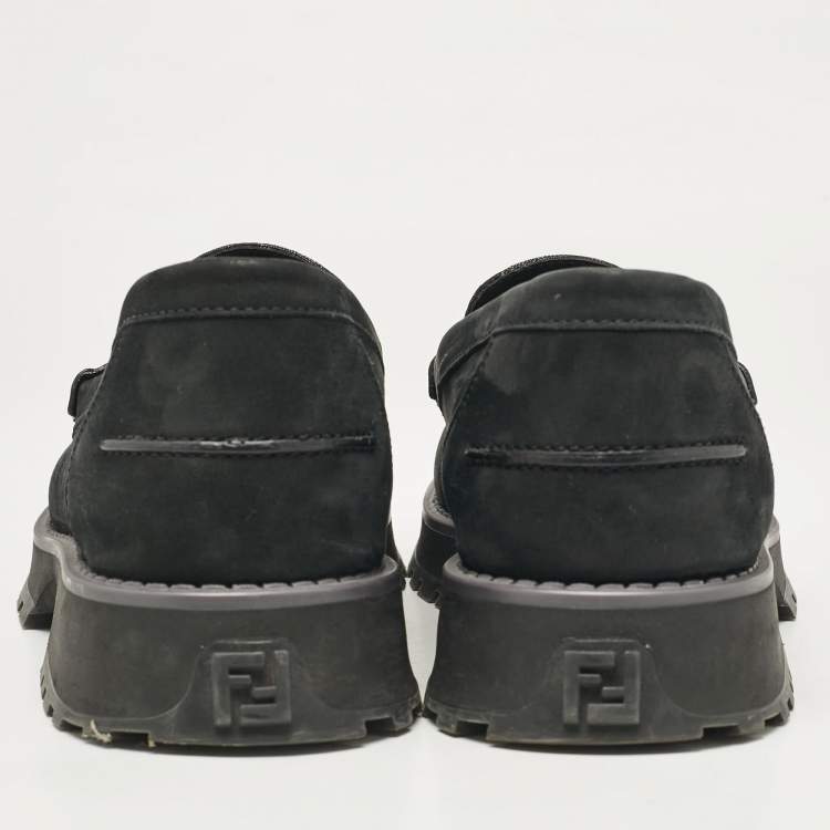 Pre Owned Fendi Black FF Canvas and Jacquard O'Lock Loafers Size 43