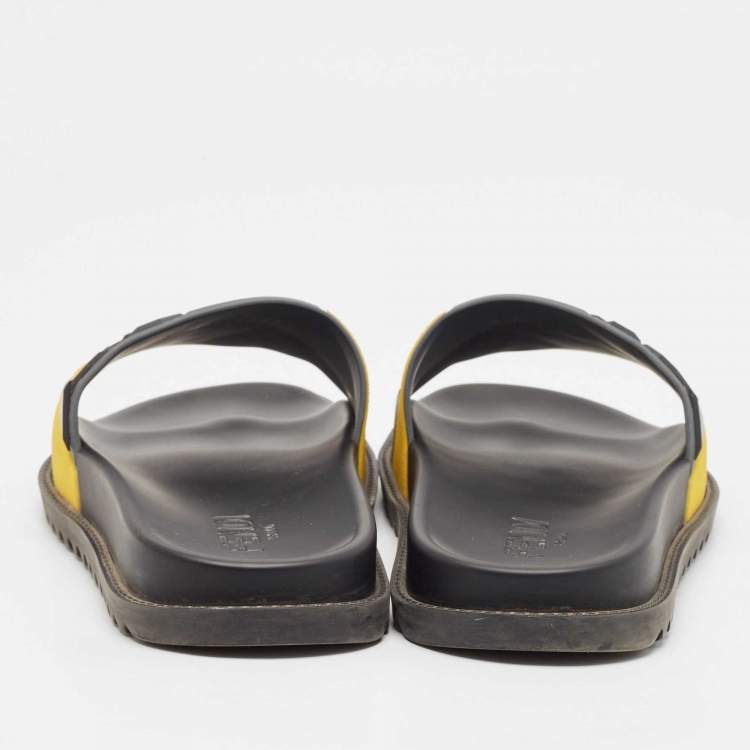 Pre Owned Fendi Grey/Yellow FF Rubber Fussbett Slides Size 42