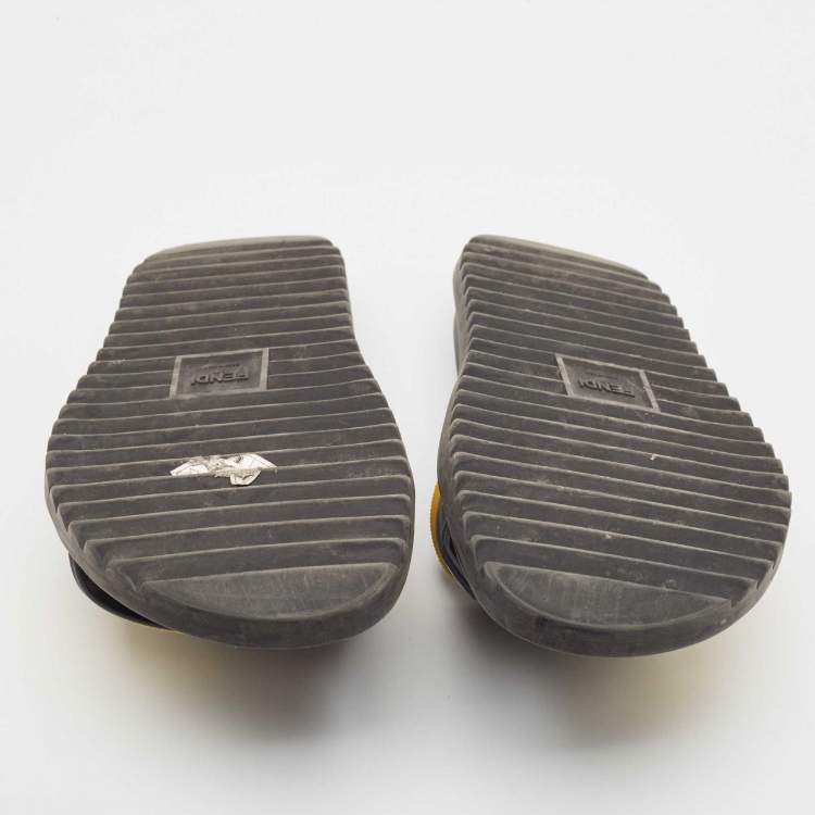 Pre Owned Fendi Grey/Yellow FF Rubber Fussbett Slides Size 42
