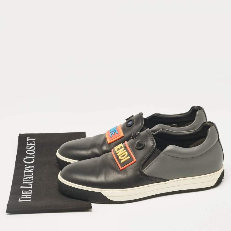 Pre Owned Fendi Black/Grey Leather Vocabulary Face Leather  Detail Slip On Sneakers Size 44