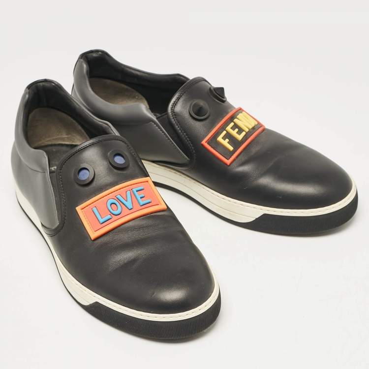 Pre Owned Fendi Black/Grey Leather Vocabulary Face Leather  Detail Slip On Sneakers Size 44
