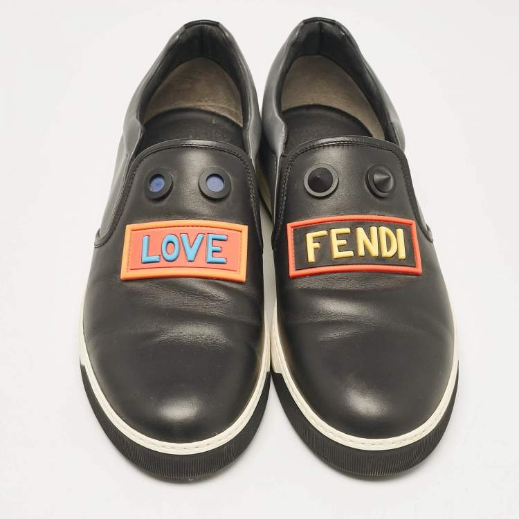 Pre Owned Fendi Black/Grey Leather Vocabulary Face Leather  Detail Slip On Sneakers Size 44