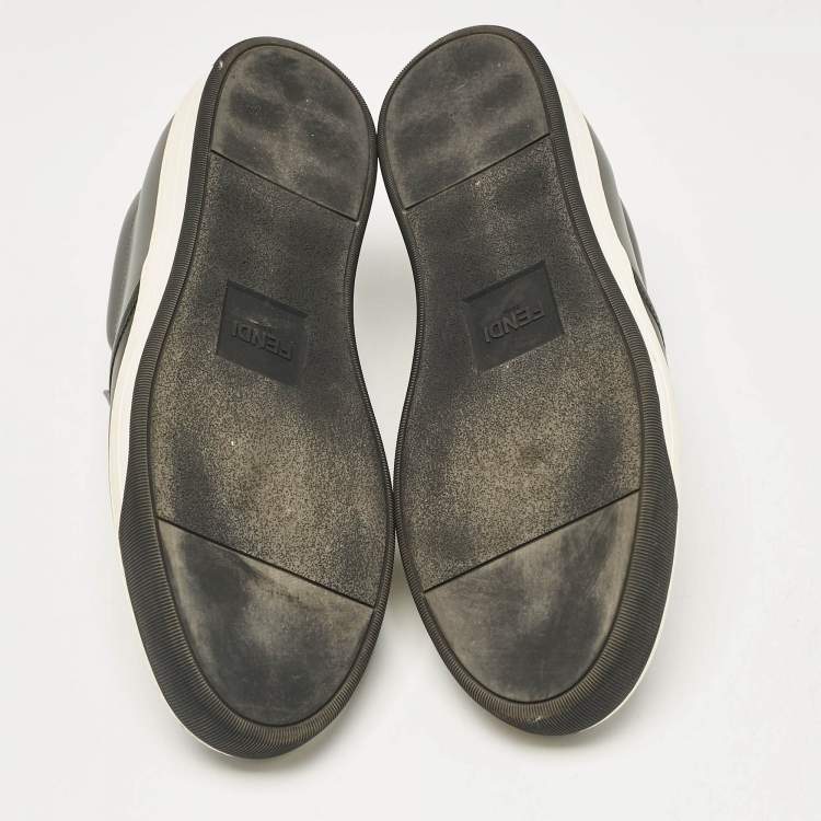 Pre Owned Fendi Black/Grey Leather Vocabulary Face Leather  Detail Slip On Sneakers Size 44