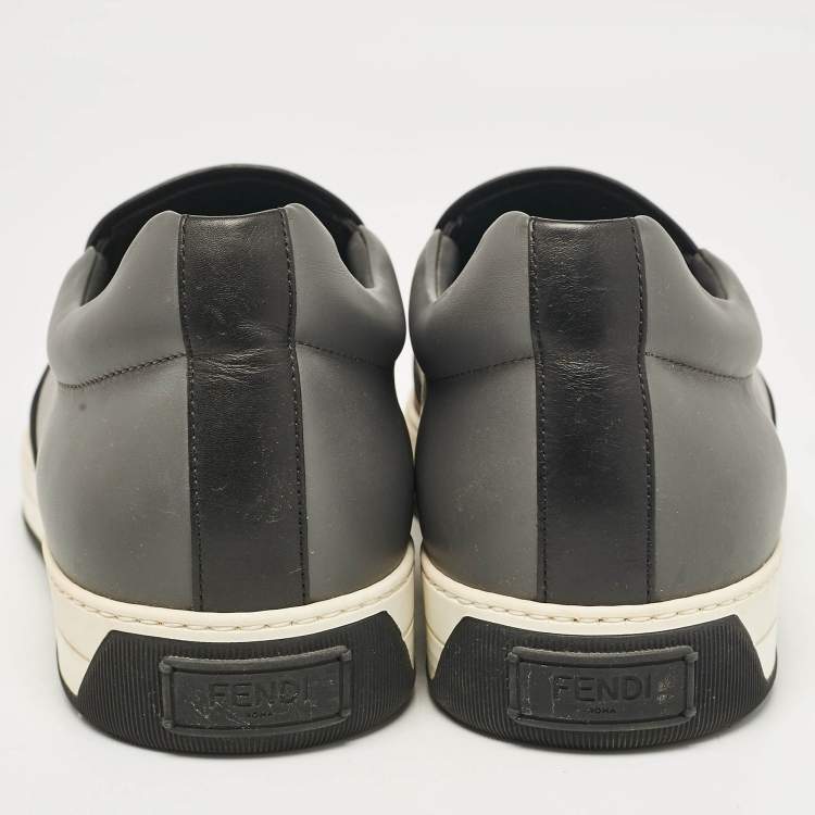 Pre Owned Fendi Black/Grey Leather Vocabulary Face Leather  Detail Slip On Sneakers Size 44