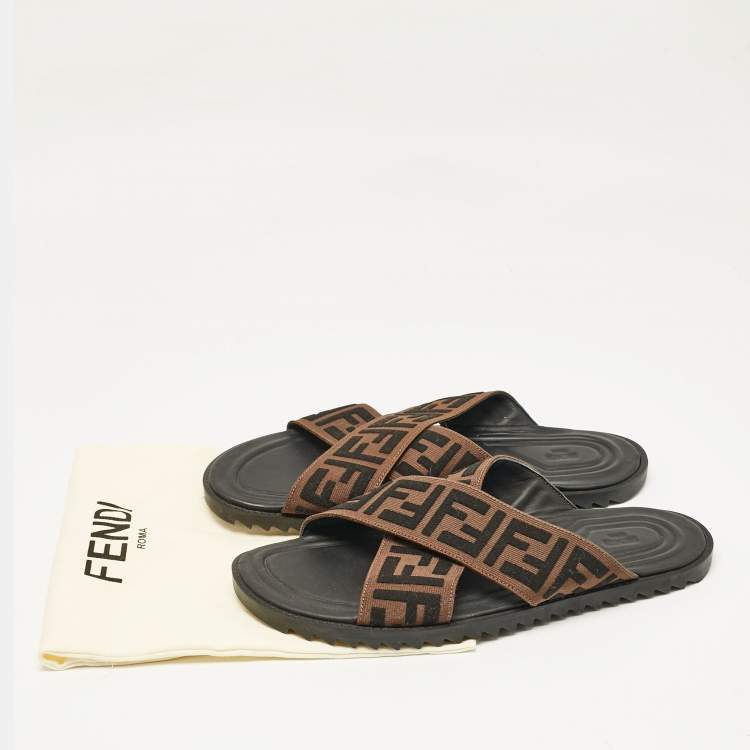 Pre Owned Fendi Brown/Black Zucca Canvas Crisscross Slide Sandals Size 42