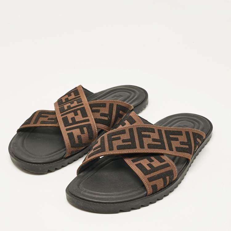 Pre Owned Fendi Brown/Black Zucca Canvas Crisscross Slide Sandals Size 42