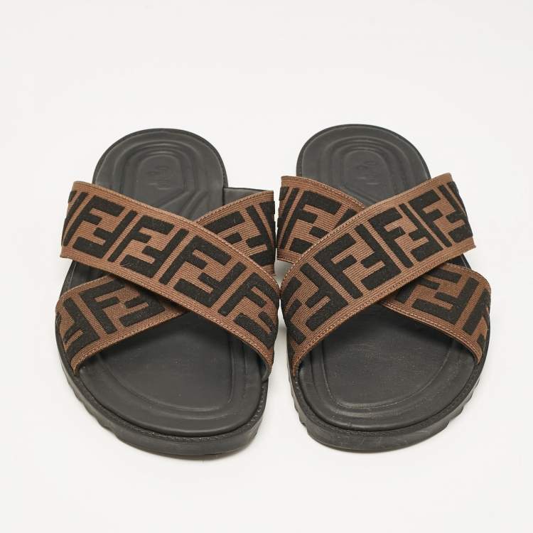 Pre Owned Fendi Brown/Black Zucca Canvas Crisscross Slide Sandals Size 42
