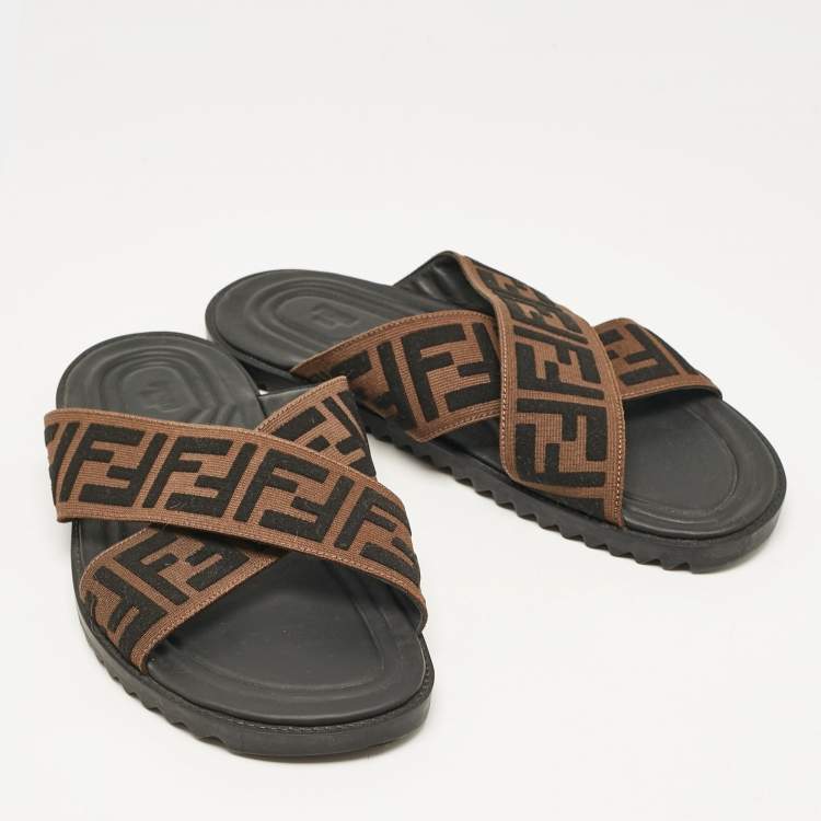 Pre Owned Fendi Brown/Black Zucca Canvas Crisscross Slide Sandals Size 42