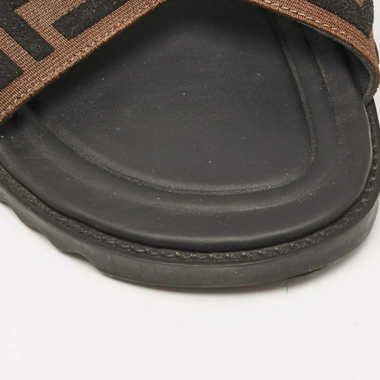 Pre Owned Fendi Brown/Black Zucca Canvas Crisscross Slide Sandals Size 42