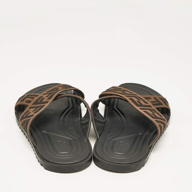 Pre Owned Fendi Brown/Black Zucca Canvas Crisscross Slide Sandals Size 42