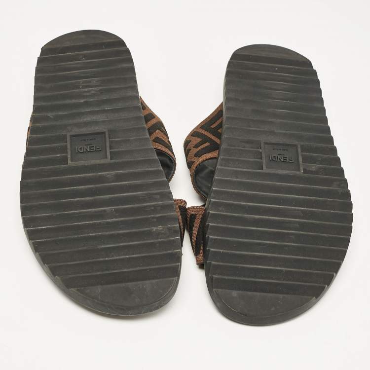 Pre Owned Fendi Brown/Black Zucca Canvas Crisscross Slide Sandals Size 42