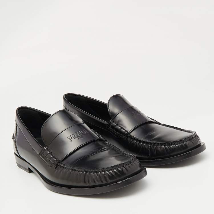 Pre Owned Fendi Black Leather Slip On Loafers Size 42.5