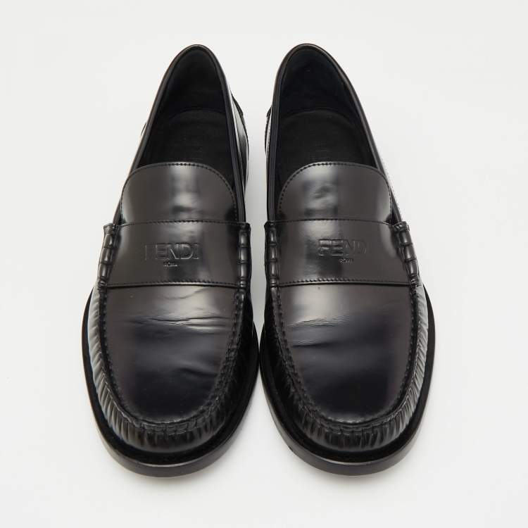Pre Owned Fendi Black Leather Slip On Loafers Size 42.5