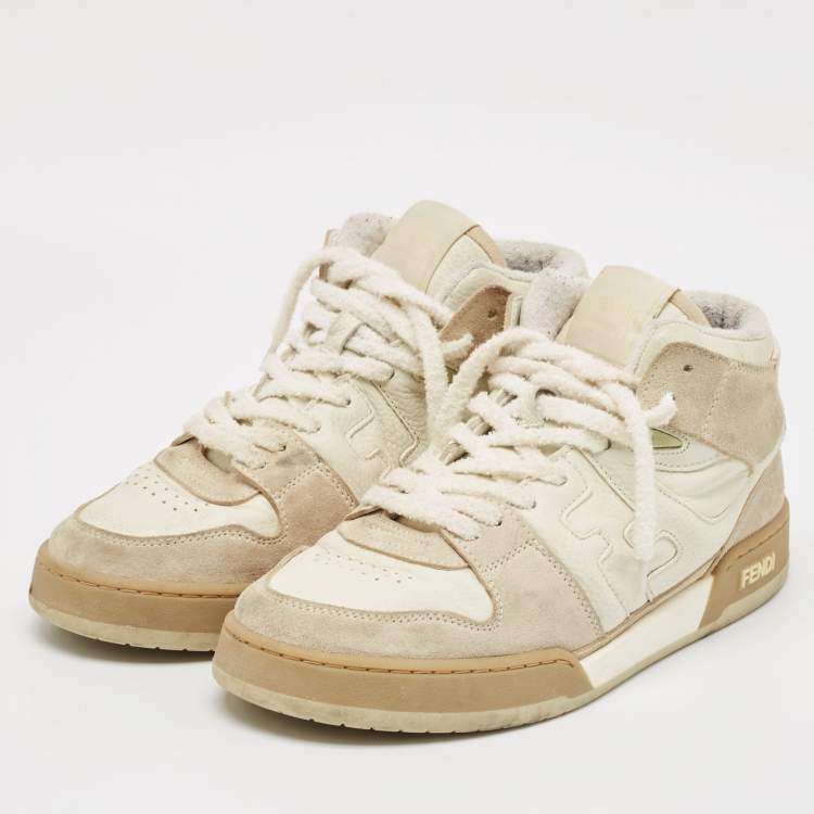 Pre Owned Fendi White Leather and Suede Fendi Match High Top Sneakers Size 43