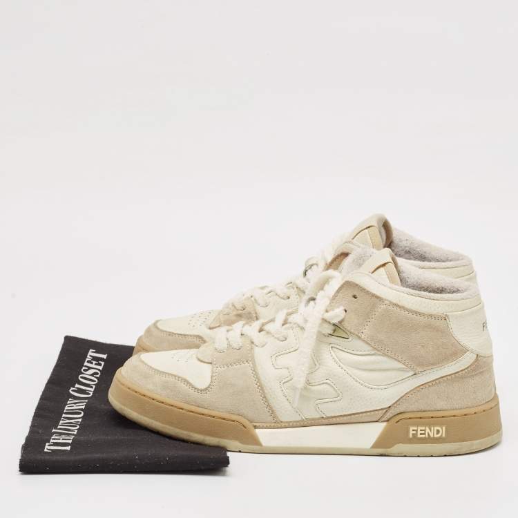 Pre Owned Fendi White Leather and Suede Fendi Match High Top Sneakers Size 43
