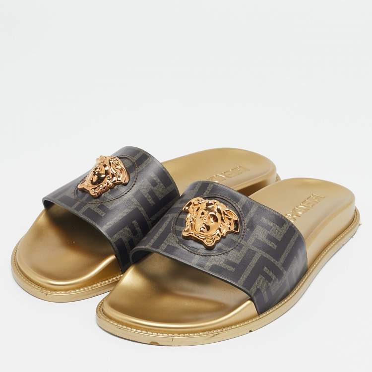 Pre Owned Fendi X Versace  Black Leather Fendace Slide Flats Size 43                        
