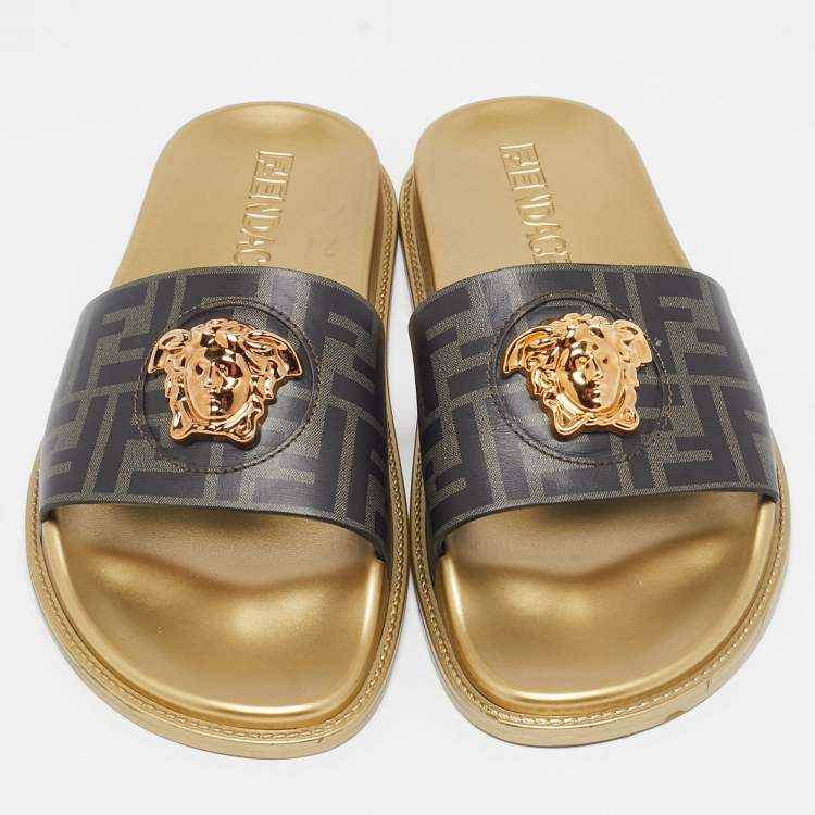Pre Owned Fendi X Versace  Black Leather Fendace Slide Flats Size 43                        