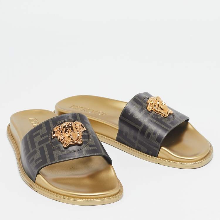 Pre Owned Fendi X Versace  Black Leather Fendace Slide Flats Size 43                        