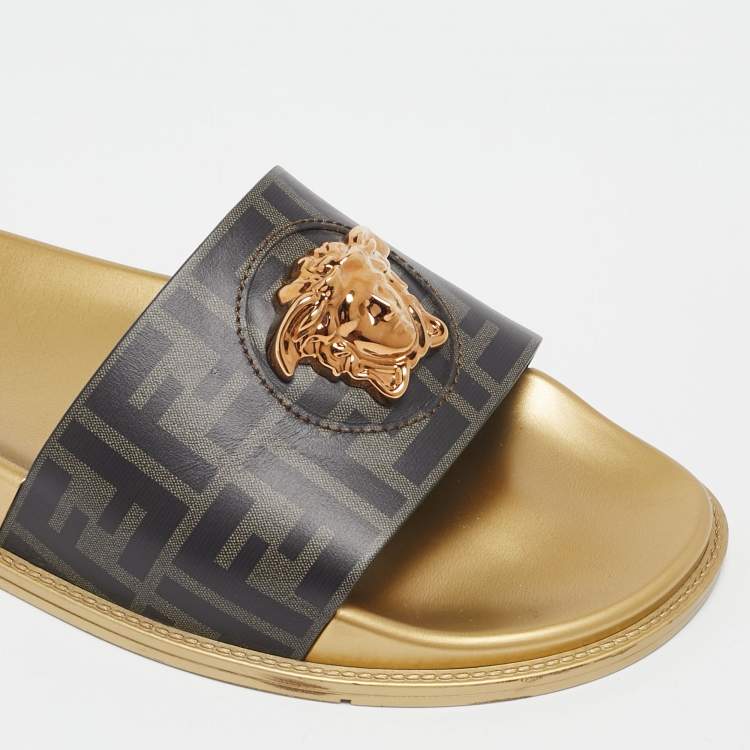 Pre Owned Fendi X Versace  Black Leather Fendace Slide Flats Size 43                        