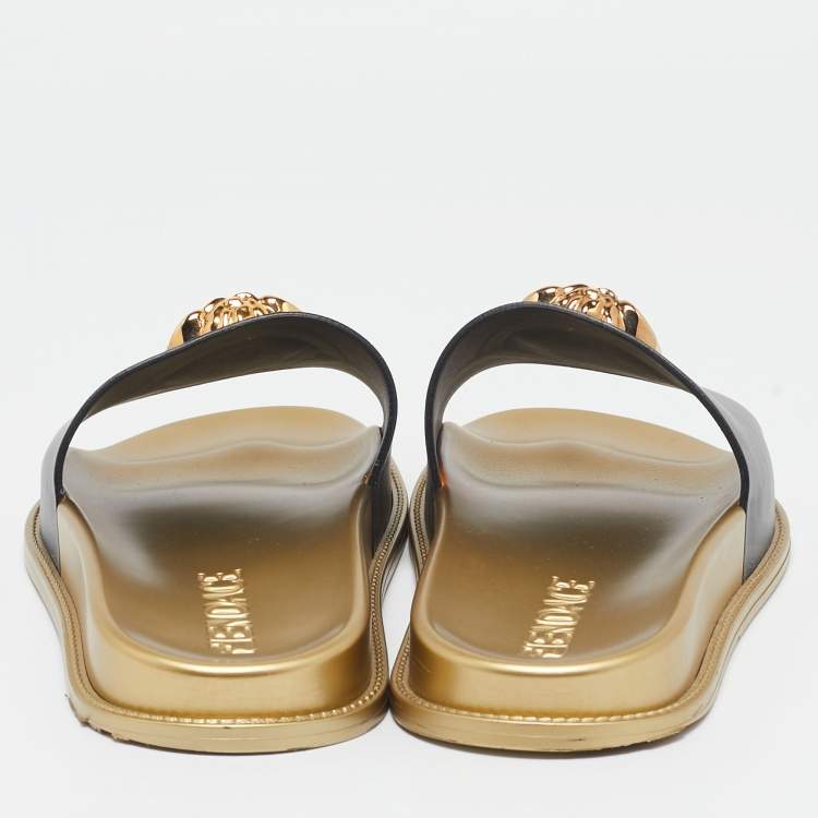 Pre Owned Fendi X Versace  Black Leather Fendace Slide Flats Size 43                        