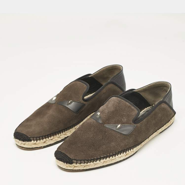 Pre Owned Fendi Navy Black/Green Suede Monster Eyes Slip On Espadrilles Size 44