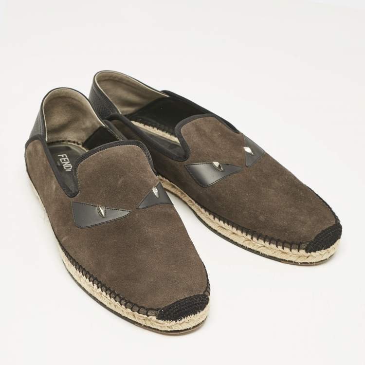 Pre Owned Fendi Navy Black/Green Suede Monster Eyes Slip On Espadrilles Size 44