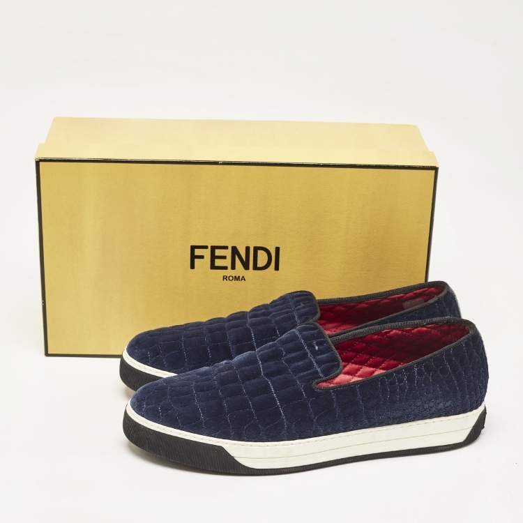 Pre Owned Fendi Navy Blue/Black Croc Print Velvet Slip On Smoking Slippers Size 43