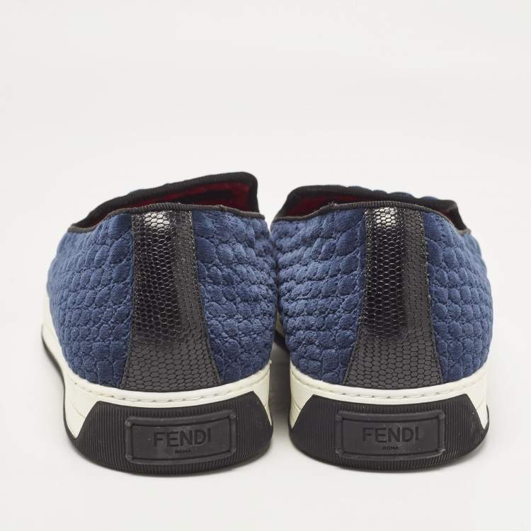 Pre Owned Fendi Navy Blue/Black Croc Print Velvet Slip On Smoking Slippers Size 43