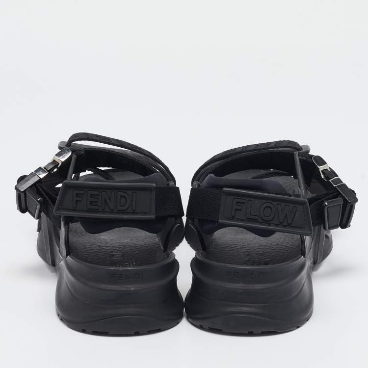 Pre Owned Fendi Black Canvas and Rubber Flow Flat Sandals Size 43