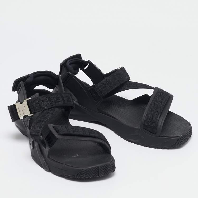 Pre Owned Fendi Black Canvas and Rubber Flow Flat Sandals Size 43