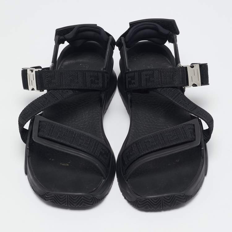 Pre Owned Fendi Black Canvas and Rubber Flow Flat Sandals Size 43