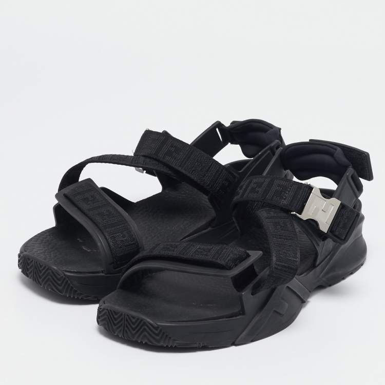 Pre Owned Fendi Black Canvas and Rubber Flow Flat Sandals Size 43