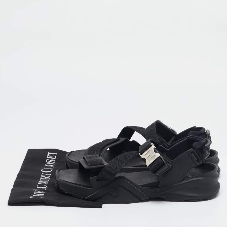 Pre Owned Fendi Black Canvas and Rubber Flow Flat Sandals Size 43