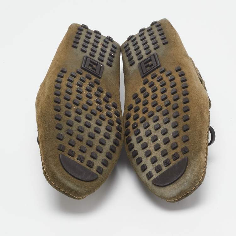 Pre Owned Fendi Oilve Green Suede Slip On Loafers Size 40