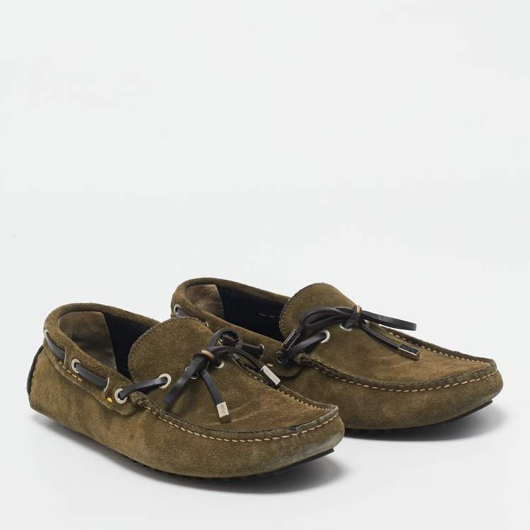 Pre Owned Fendi Oilve Green Suede Slip On Loafers Size 40