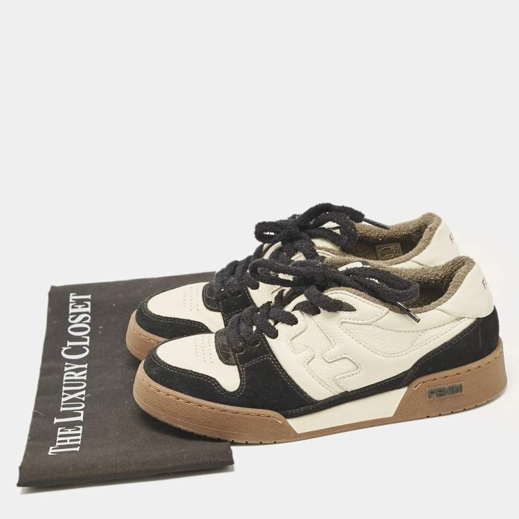 Pre Owned Fendi Cream/Black Leather And Suede Match Lace Up Sneakers Size 38