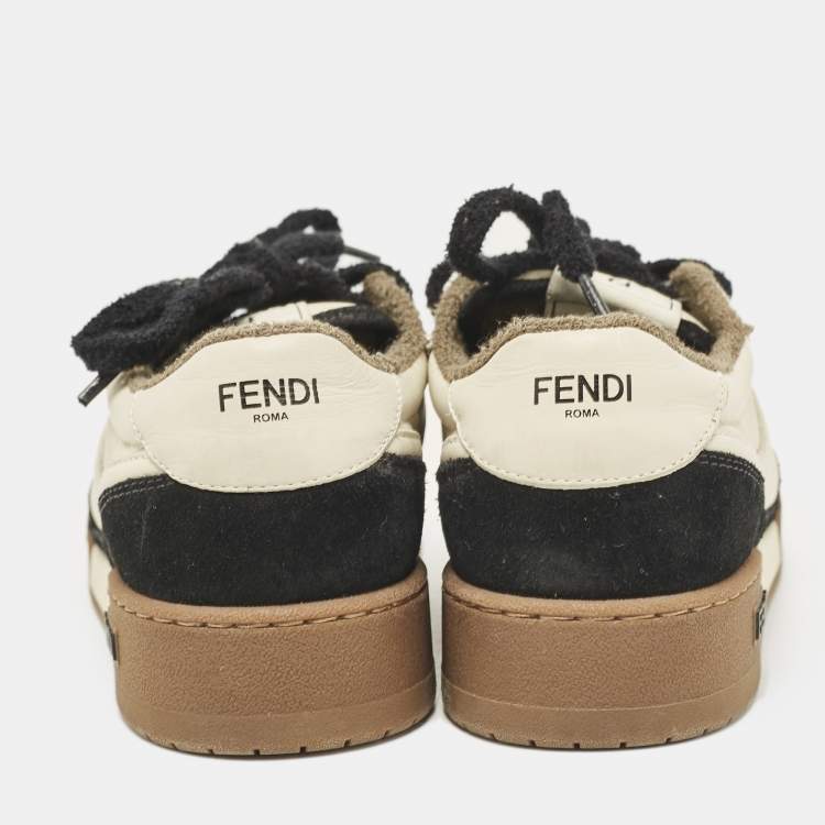 Pre Owned Fendi Cream/Black Leather And Suede Match Lace Up Sneakers Size 38