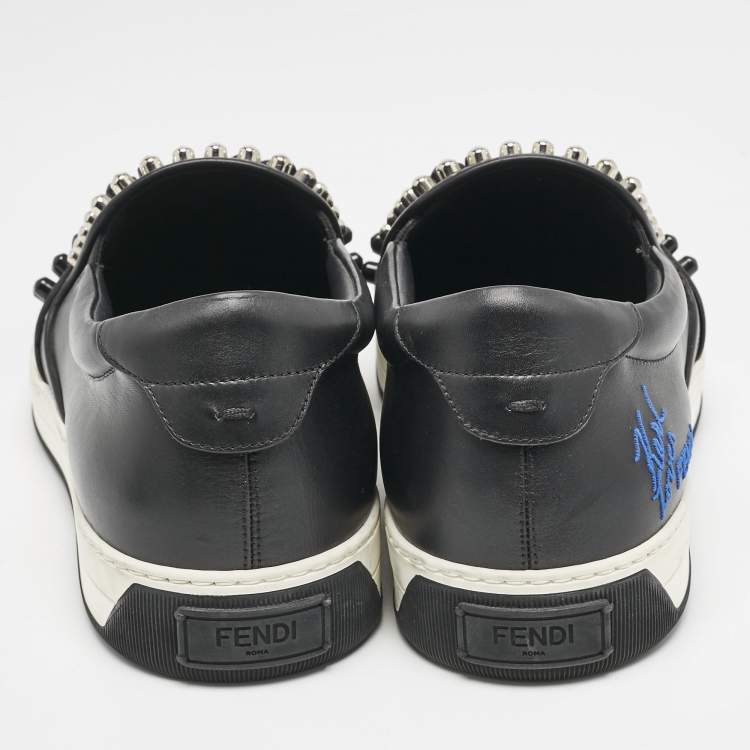 Pre Owned Fendi Black Leather Karlito Studded Low Top Slip On Sneakers Size 44