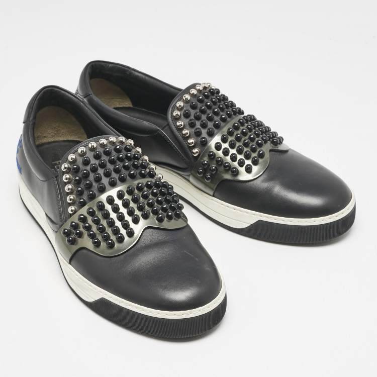 Pre Owned Fendi Black Leather Karlito Studded Low Top Slip On Sneakers Size 44