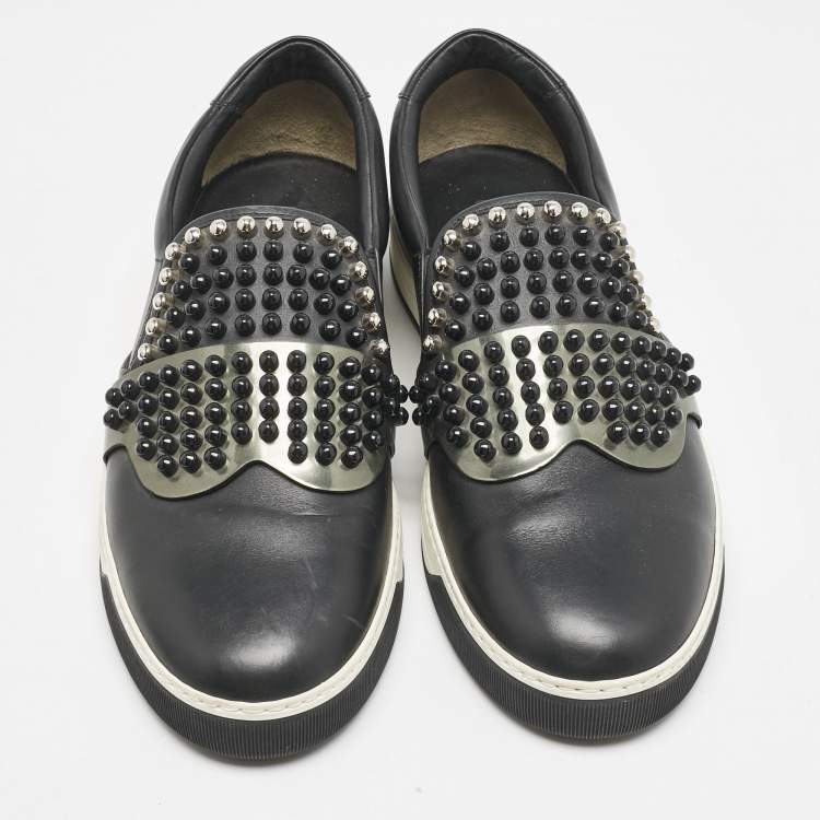 Pre Owned Fendi Black Leather Karlito Studded Low Top Slip On Sneakers Size 44