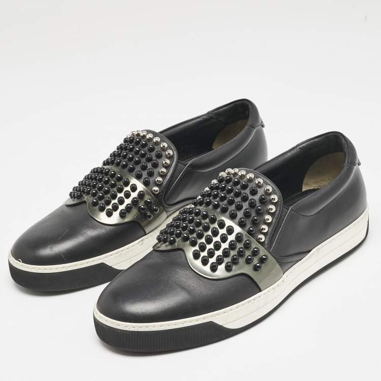 Pre Owned Fendi Black Leather Karlito Studded Low Top Slip On Sneakers Size 44
