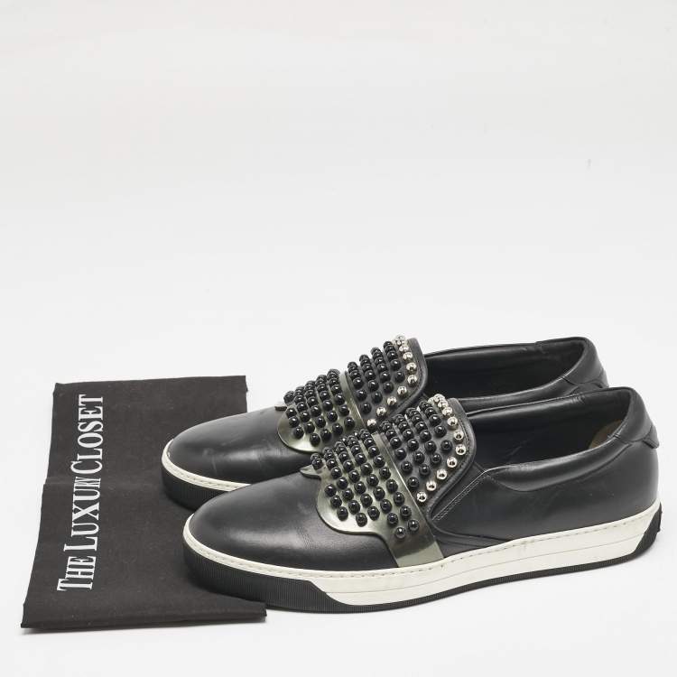 Pre Owned Fendi Black Leather Karlito Studded Low Top Slip On Sneakers Size 44