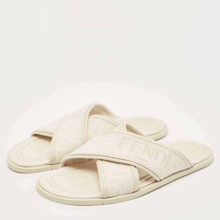 Pre Owned Fendi Off White Zucca Fabric and Leather Crisscross Flat Slides Size 42