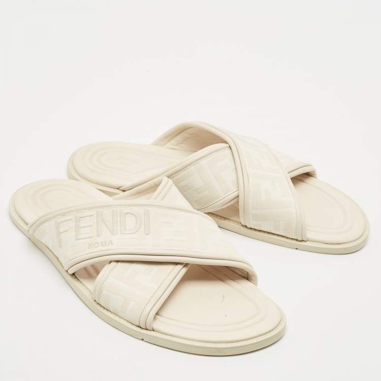 Pre Owned Fendi Off White Zucca Fabric and Leather Crisscross Flat Slides Size 42